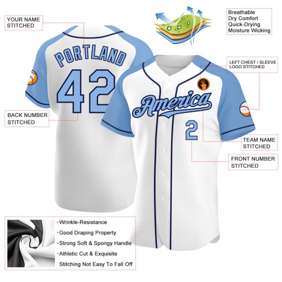 Custom Jersey White Authentic Sleeves Blue-Navy Light Raglan Baseball Custom Jersey White Authentic Sleeves Blue-Navy Light Raglan Baseball