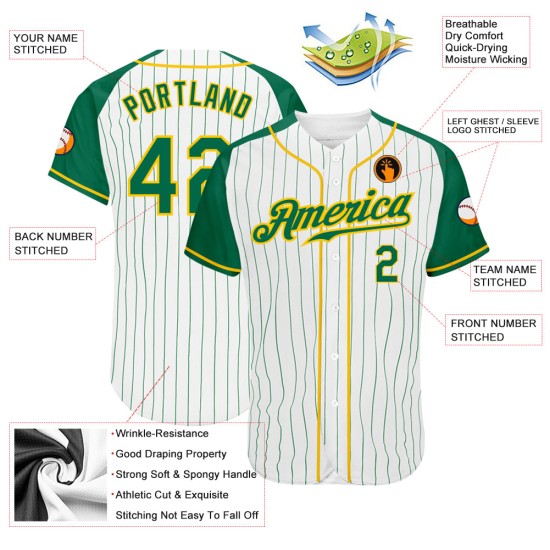 Jersey Baseball Kelly Green Pinstripe Authentic White Raglan Green-Gold Kelly Sleeves Custom Jersey Baseball Kelly Green Pinstripe Authentic White Raglan Green-Gold Kelly Sleeves Custom