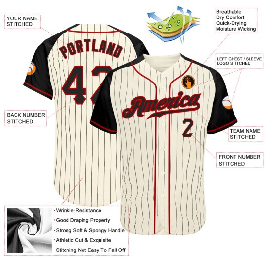 Custom Black-Red Black Pinstripe Sleeves Raglan Cream Authentic Jersey Baseball Custom Black-Red Black Pinstripe Sleeves Raglan Cream Authentic Jersey Baseball