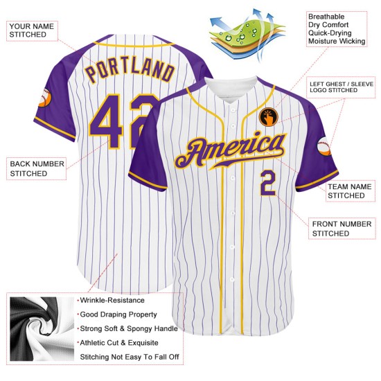Purple-Gold White Raglan Purple Authentic Jersey Baseball Sleeves Custom Pinstripe Purple-Gold White Raglan Purple Authentic Jersey Baseball Sleeves Custom Pinstripe