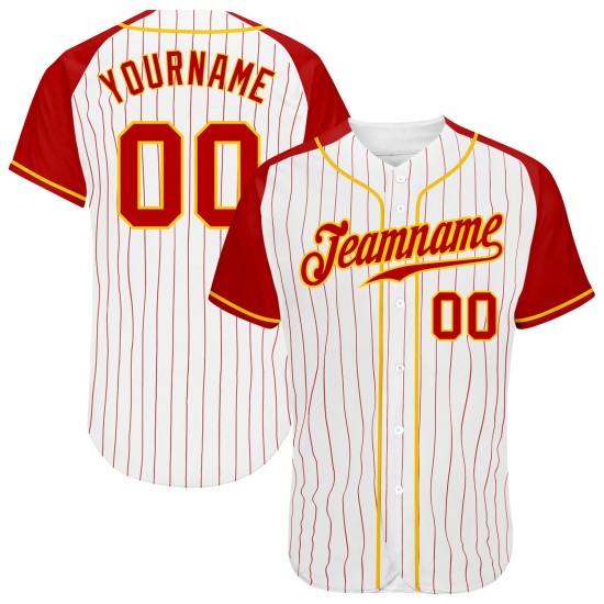 Raglan Sleeves White Custom Jersey Authentic Pinstripe Baseball Red-Gold Red Raglan Sleeves White Custom Jersey Authentic Pinstripe Baseball Red-Gold Red