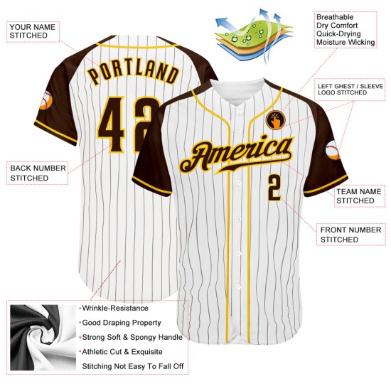White Custom Sleeves Pinstripe Raglan Brown Baseball Authentic Brown-Gold Jersey White Custom Sleeves Pinstripe Raglan Brown Baseball Authentic Brown-Gold Jersey