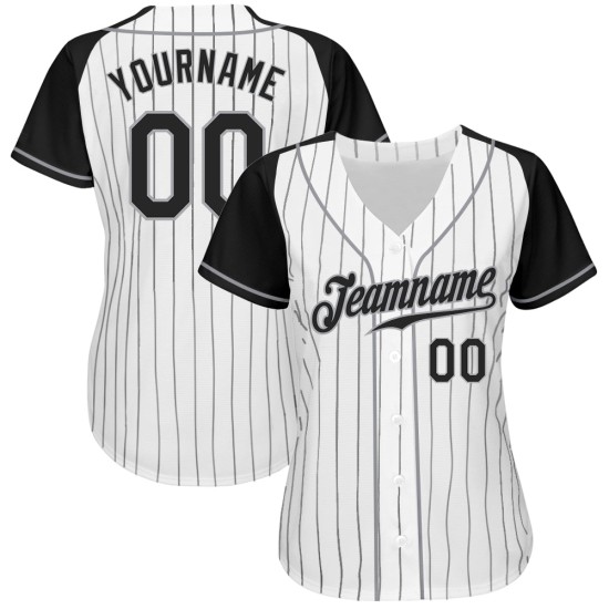 White Black-Gray Pinstripe Jersey Sleeves Black Custom Raglan Authentic Baseball White Black-Gray Pinstripe Jersey Sleeves Black Custom Raglan Authentic Baseball