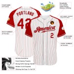 Custom Baseball Sleeves Authentic White Pinstripe Jersey Red Red-Gray Raglan Custom Baseball Sleeves Authentic White Pinstripe Jersey Red Red-Gray Raglan