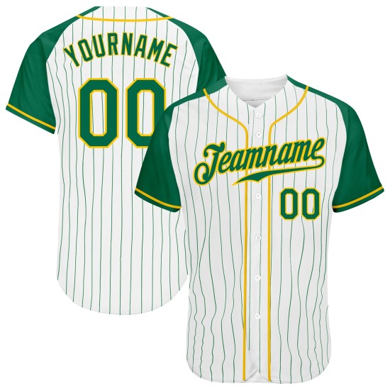 Jersey Baseball Kelly Green Pinstripe Authentic White Raglan Green-Gold Kelly Sleeves Custom Jersey Baseball Kelly Green Pinstripe Authentic White Raglan Green-Gold Kelly Sleeves Custom