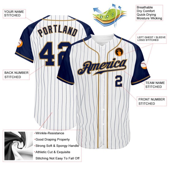 Baseball Sleeves Raglan Custom Gold Jersey White Authentic Navy Navy-Old Pinstripe Baseball Sleeves Raglan Custom Gold Jersey White Authentic Navy Navy-Old Pinstripe