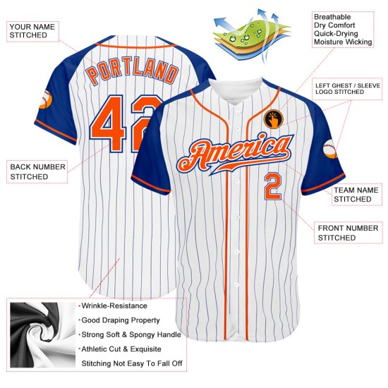 Jersey Raglan Royal Sleeves Pinstripe Baseball Authentic White Custom Orange-Royal Jersey Raglan Royal Sleeves Pinstripe Baseball Authentic White Custom Orange-Royal