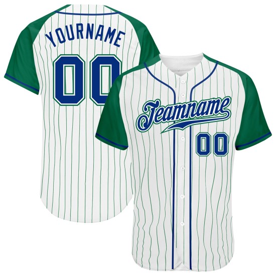 White Pinstripe Authentic Kelly Green Jersey Baseball Royal-Kelly Raglan Green Sleeves Custom White Pinstripe Authentic Kelly Green Jersey Baseball Royal-Kelly Raglan Green Sleeves Custom